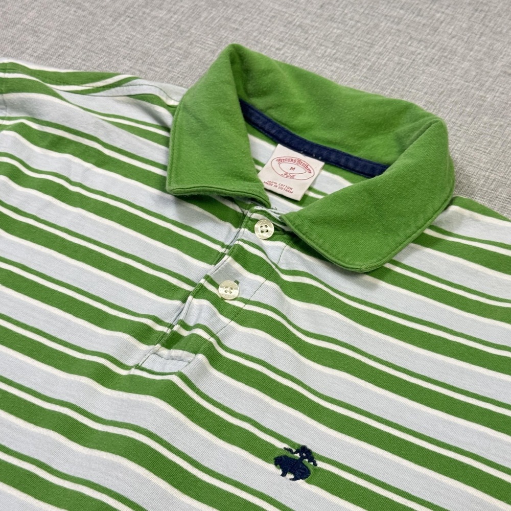 Brooks Brothers Polo Shirt Mens Medium Green Striped 100% Cotton Jersey Collared